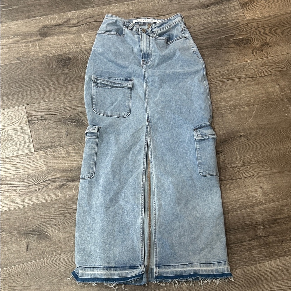 Closet Cleanout Light Blue Maxi Denim Cargo skirt with slit